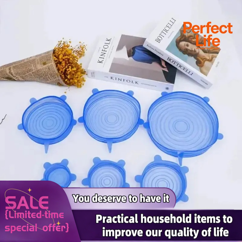 Set of silicone stretch lids covering cups and cans