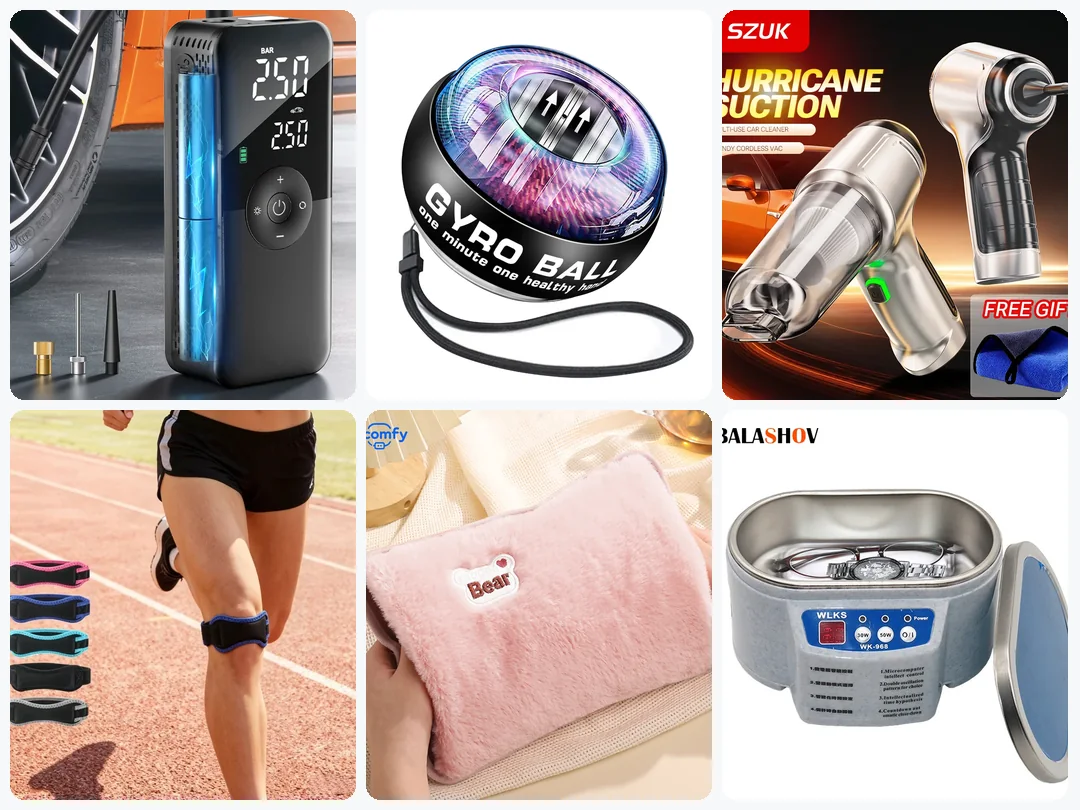 Real AliExpress products we reviewed: tire inflator, gyro ball, car vacuum, knee sleeve, hand warmer and ultrasonic cleaner